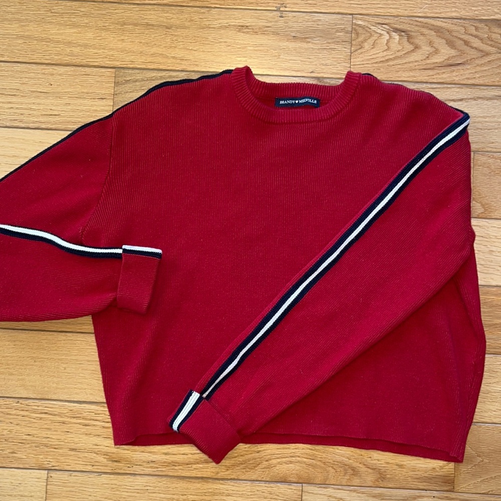 Ruby red brandy Melville medium. Blue and white striped steam on sleeve!